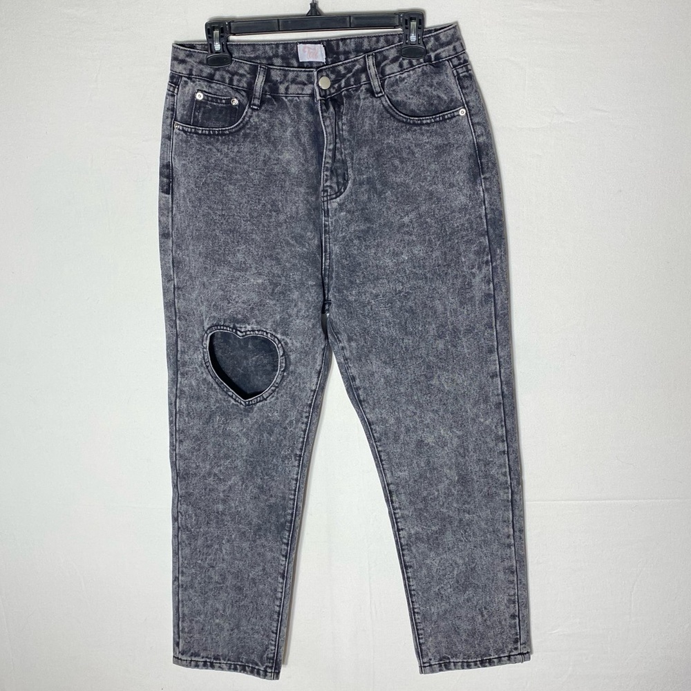 Tal Clothing Acid Wash Black High Rise Cropped Jeans W Heart Cutout 31